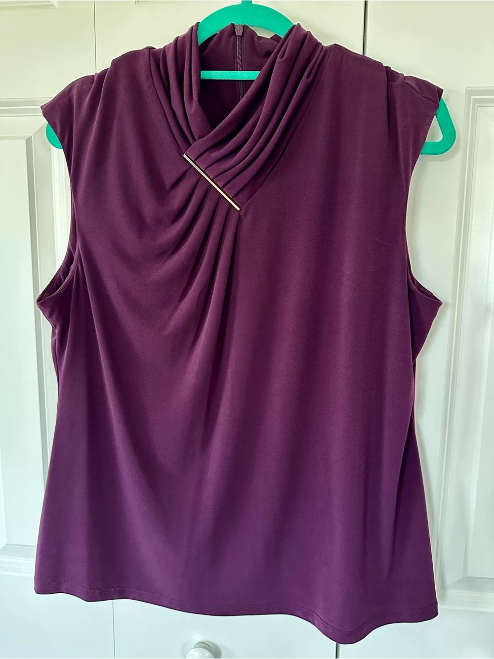 Calvin Klein Sleeveless Cowl Neck Camisole in Plum with Gold Accent